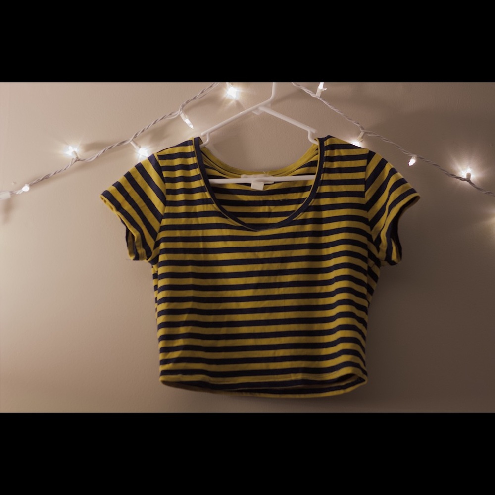 blue and yellow striped crop top